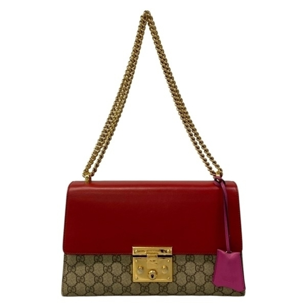 Gucci Shoulder Bag Padlock GG Supreme Leather Red Beige Multi
